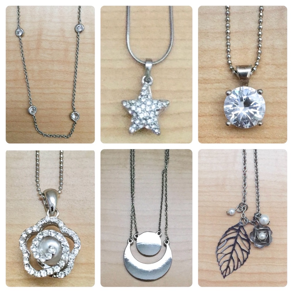 6 silver-toned dainty pendant necklaces jewelry bundle